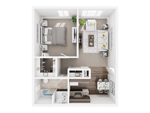 A top-down view of a small, neatly organized apartment with a kitchen, living room, and bathroom.